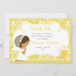African American First Communion Damask Thank You Card