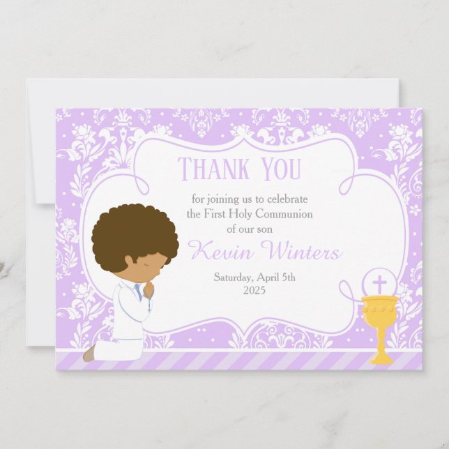 African American First Communion Damask Thank You Card (Front)