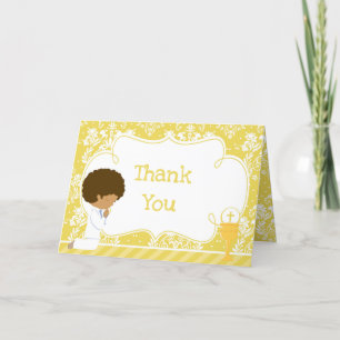 African American First Communion Damask Thank You Card
