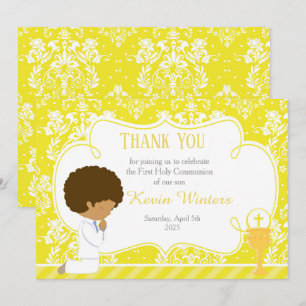 African American First Communion Damask Thank You Card