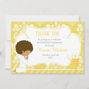 African American First Communion Damask Thank You Card