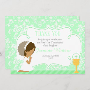 African American First Communion Damask Thank You Card