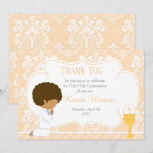 African American First Communion Damask Thank You Card