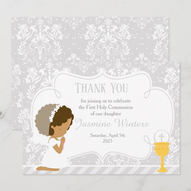 African American First Communion Damask Thank You Card (Front/Back)
