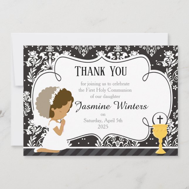 African American First Communion Damask Thank You Card (Front)