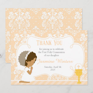 African American First Communion Damask Thank You Card
