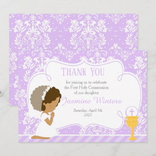 African American First Communion Damask Thank You Card