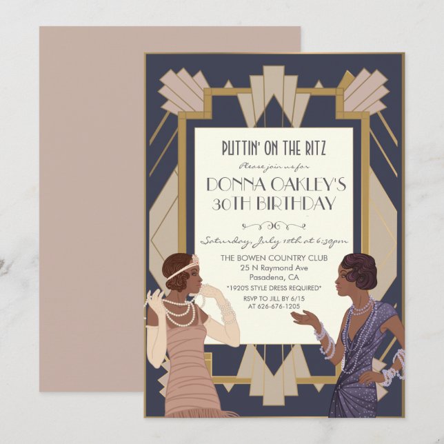 African American Gatsby Art Deco Birthday Invitation (Front/Back)