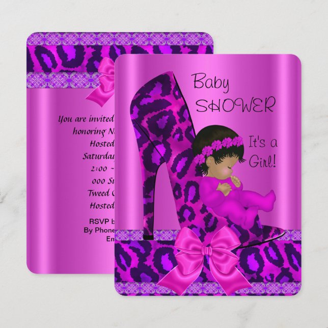 African American Girl Baby Shower Pink Leopard Invitation (Front/Back)