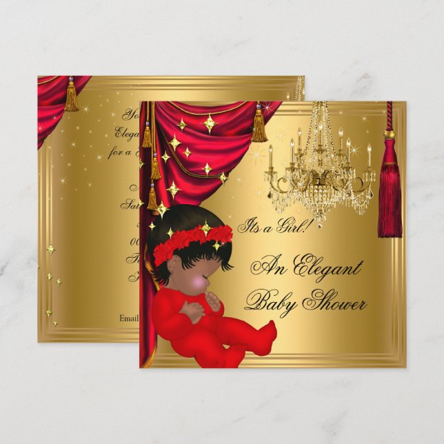 African American Girl Baby Shower Red Gold Invitation (Front/Back)