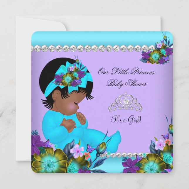 African American Girl Baby Shower Teal Purple Invitation (Front)