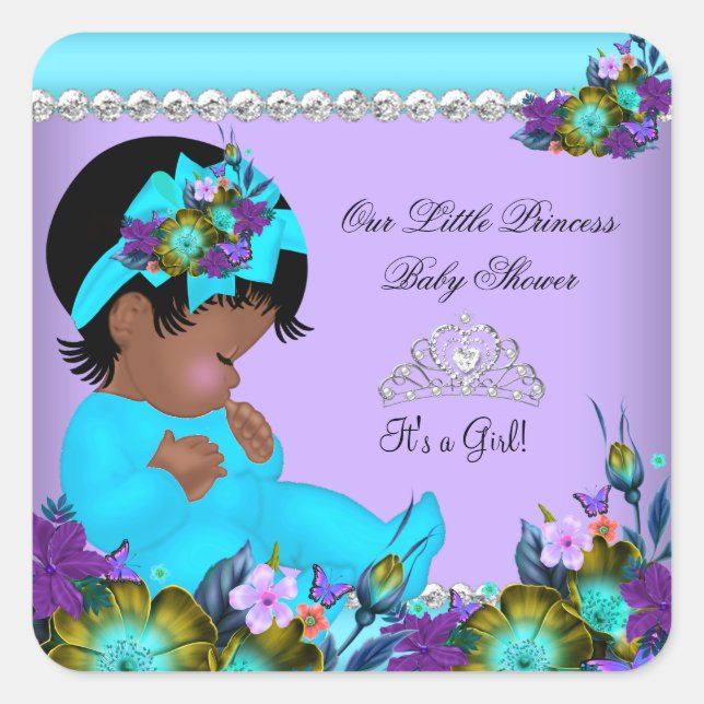 African American Girl Baby Shower Teal Purple Square Sticker (Front)