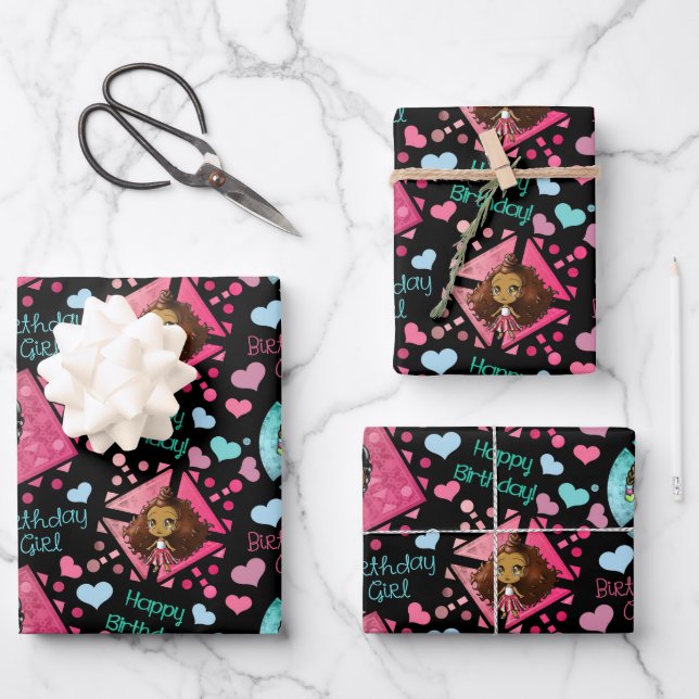 African American Girl Birthday Wrapping Paper Sheet (Front)