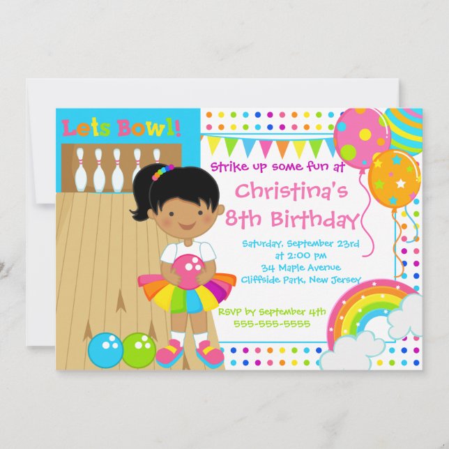 African American Girl Bowling Birthday Party Invitation (Front)