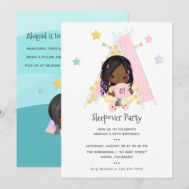 African American Girl Braid Birthday Slumber Party Invitation (Front/Back)