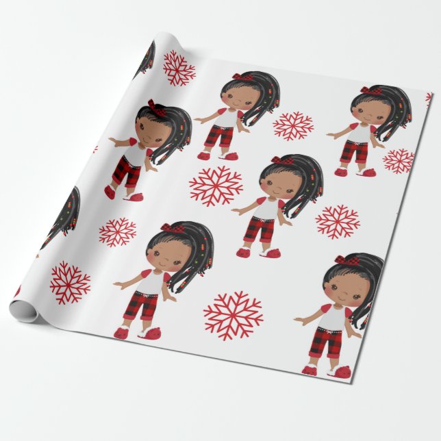 African American Girl Christmas Gift Wrap Paper  (Unrolled)