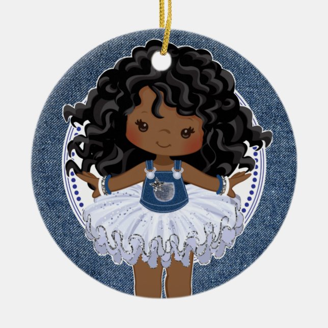 African American Girl Denim & Diamonds Christmas Ceramic Tree Decoration (Front)