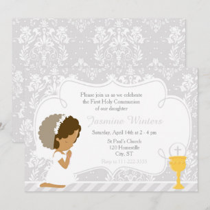 African American Girl First Communion Damask Invitation