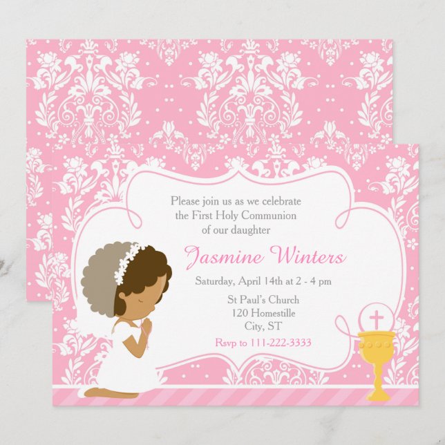 African American Girl First Communion Damask Invitation (Front/Back)