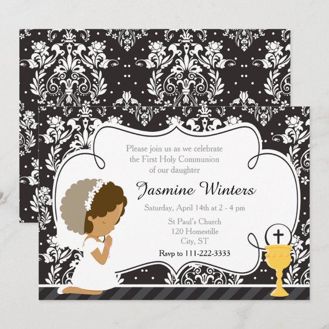 African American Girl First Communion Damask Invitation (Front/Back)