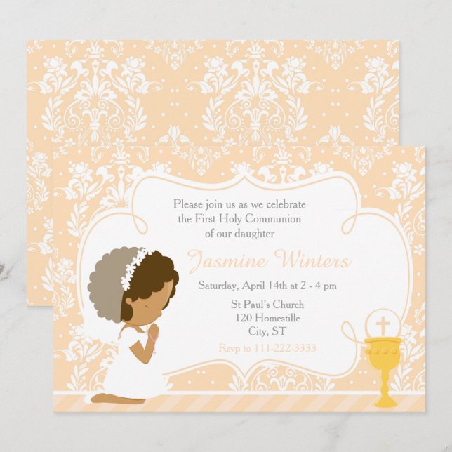 African American Girl First Communion Damask Invitation (Front/Back)