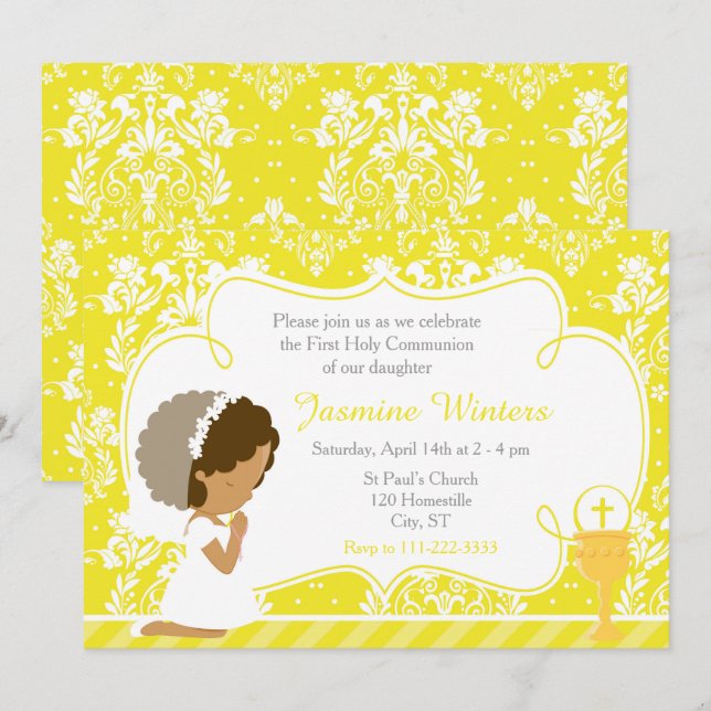 African American Girl First Communion Damask Invitation (Front/Back)