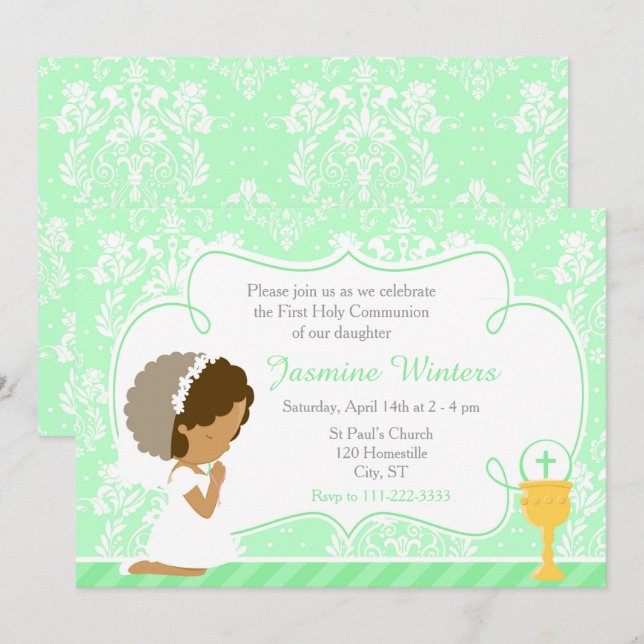 African American Girl First Communion Damask Invitation (Front/Back)