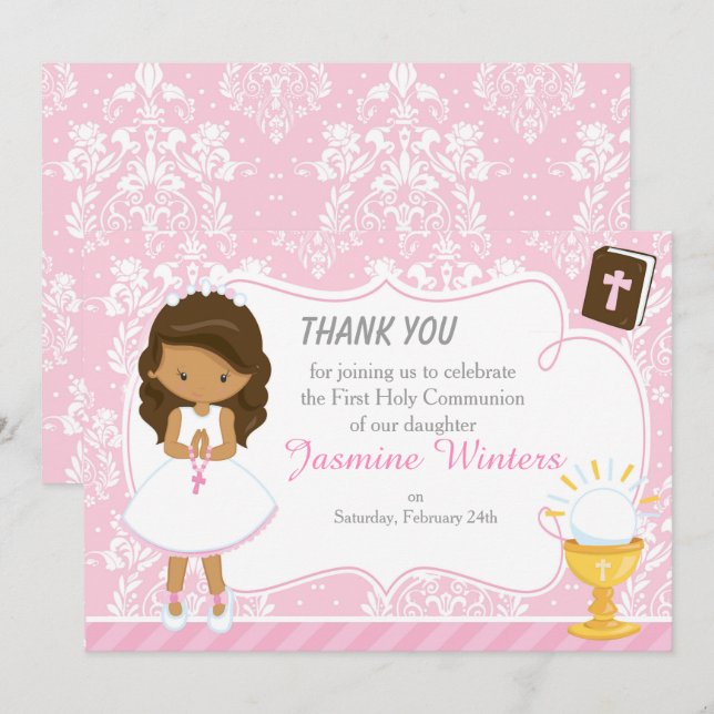 African American Girl First Communion Damask Thank You Card (Front/Back)