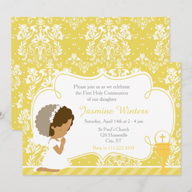 African American Girl First Communion Gold Damask Invitation (Front/Back)