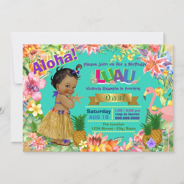 African American Girl Hawaiian Luau Birthday Party Invitation (Front)