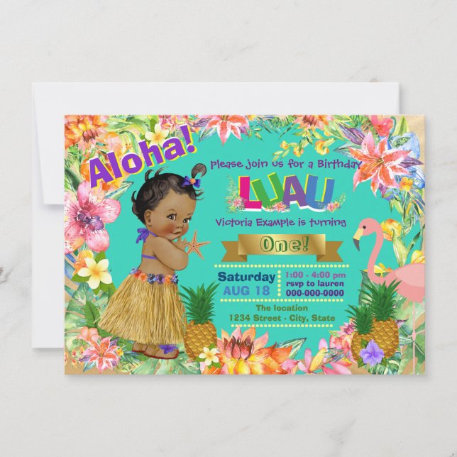 African American Girl Hawaiian Luau Birthday Party Invitation (Front)