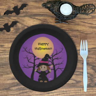 African-American Girl in Witch Costume Halloween Paper Plate