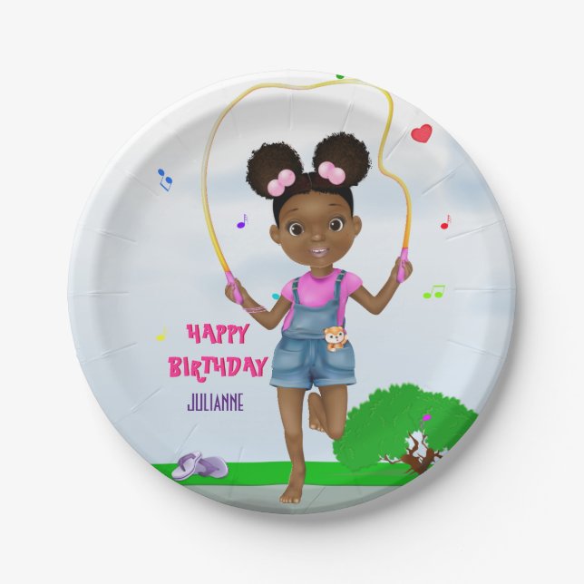 African American Girl Jump Rope Birthday Paper Plate (Front)