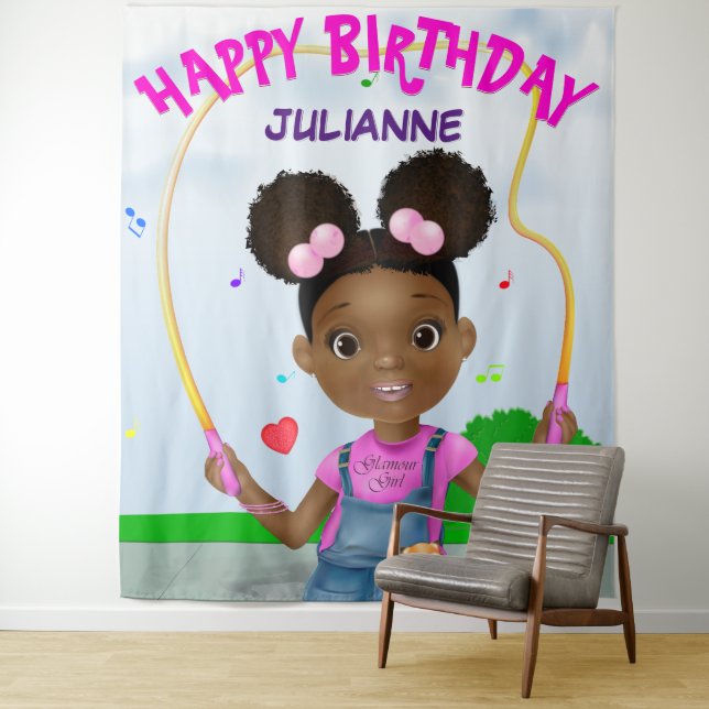 African American Girl Jumping Rope Happy Birthday Tapestry (In Situ)
