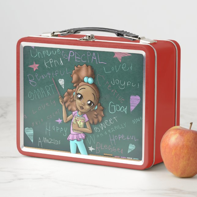 African American Girl Light Brown Metal Lunch Box (In Situ)