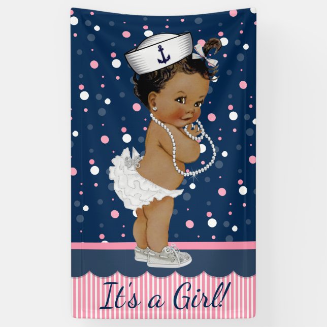 African American Girl Nautical Baby Shower Banner (Vertical)