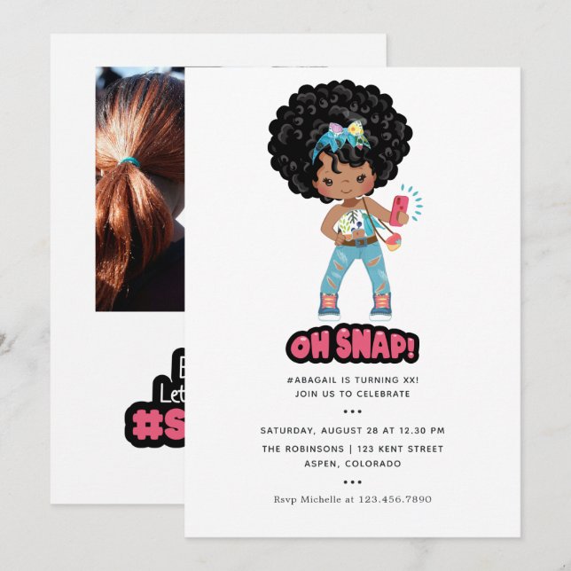African American Girl Phone Booth Selfie Birthday Invitation (Front/Back)
