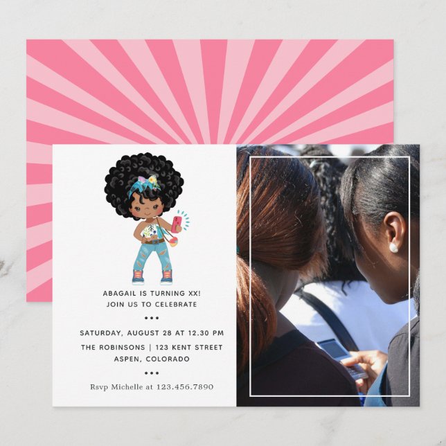 African American Girl Photo Booth Selfie Birthday Invitation (Front/Back)