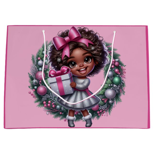 African American Girl Pink & Silver Holiday Large Gift Bag (Front)