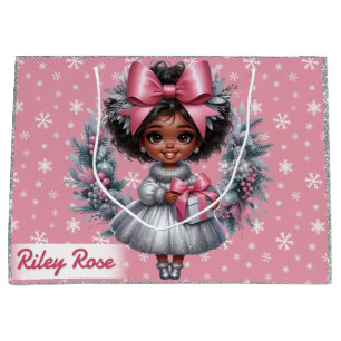 African American Girl Pink & Silver Holiday Large Large Gift Bag