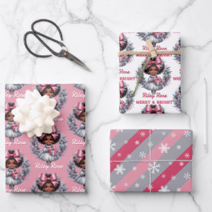 African American Girl Pink & Silver Holiday Wrapping Paper Sheet