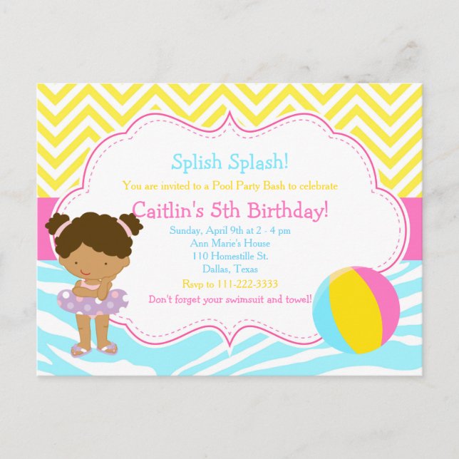 African American Girl Pool Party Bash Party Postcard (Front)