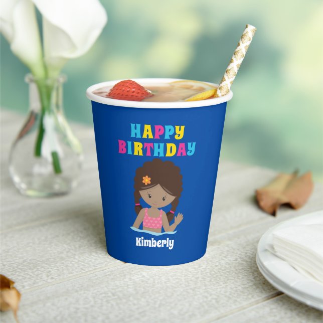 African American Girl Pool Party Custom Birthday Paper Cups (Insitu)