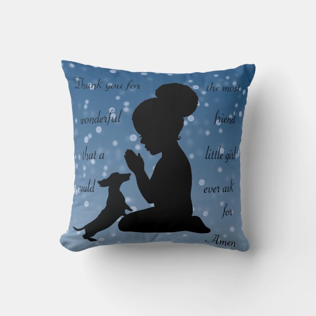 African American Girl Praying With Dachshund Cushion (Front)