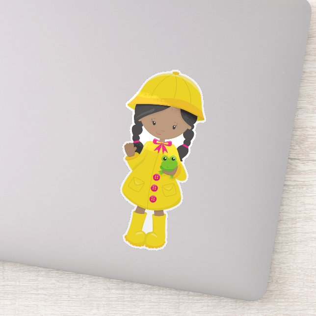 African American Girl, Raincoat, Rain, Boots, Frog (Detail)