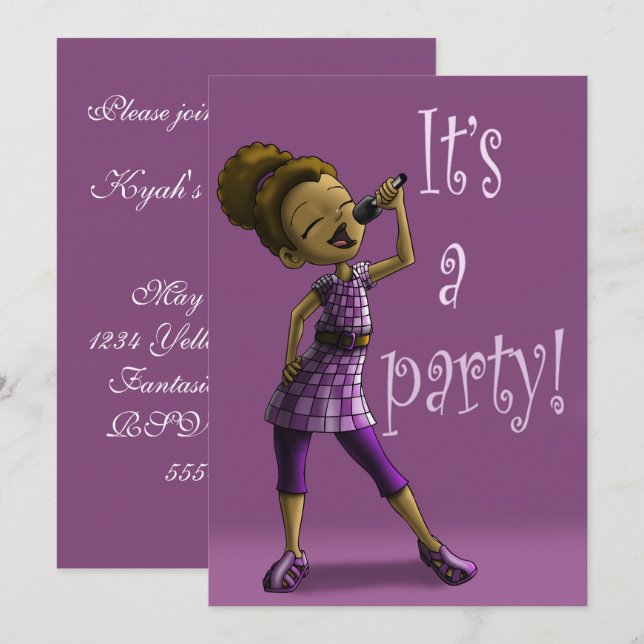 African American Girl Singing Birthday Party Invitation (Front/Back)