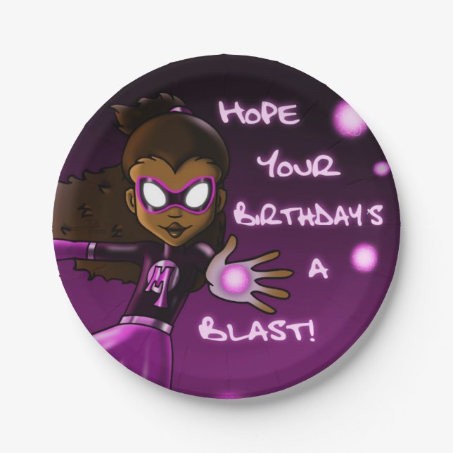 African American Girl Superhero Birthday Paper Plate (Front)