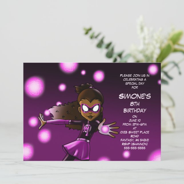 African American Girl Superhero Birthday Party  Invitation (Standing Front)