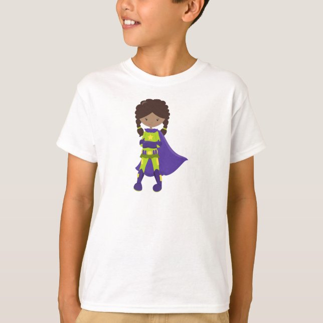 African American Girl, Superhero Girl, Purple Cape T-Shirt (Front)