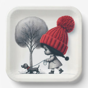 African-American Girl Walking Her Dog Paper Plate